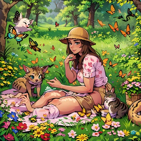 woman, age 30, milf, having a picnic in a picturesque meadow, surrounded by flowers, butterflies, and the gentle company of wood...