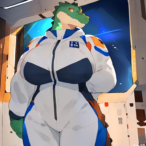 Solo, ((female)), standing, snout, (((by buta99, by con5710, by bebebebebe, by bigcozyorca, by goonie-san))), detailed eyes, ((big breasts)), dramatic lighting, space, spaceship, window, ((alligator, muscular)), ((plump, thicc, facing viewer)), spacesuit