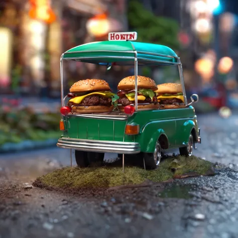 The ants headed for a hamburger，There is a burger on the road，Ants walking on the road，magic hour，Photorealistic rendering，The is very detailed，tmasterpiece，Miniatures