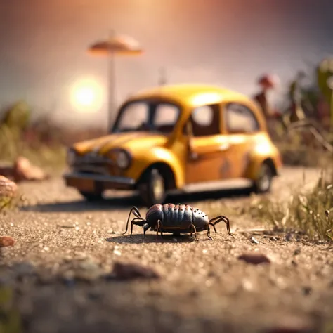 The ants headed for a hamburger，There is a burger on the road，Ants walking on the road，magic hour，Photorealistic rendering，The is very detailed，tmasterpiece，Miniatures