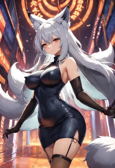 one woman, fox ears, fox tail, silver hair, green eyes, big breasts, leather, see-through, pantyhose, leather dress, bodysuit, mature lady, tall person, wide hips, big ass, sexy,