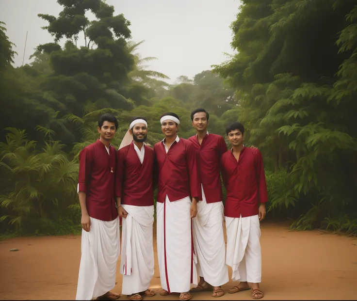 several men in red shirts and white pants standing in front of trees, wearing traditional garb, in front of the temple, traditional clothes, in front of a temple, in group photograph, each wearing correct era clothes, wearing white robes!, wearing authenti...