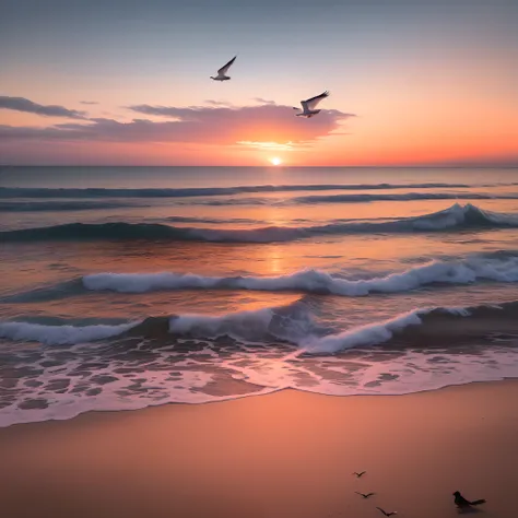 an orange、pink there、Yellow blends to fill the sky、The sunset over the beach is truly mesmerizing。The crystal clear sea gently kisses the shore、White sand beaches stretch everywhere。Seagulls soar high into the sky、Its a dynamic and breathtaking scene。calm ...