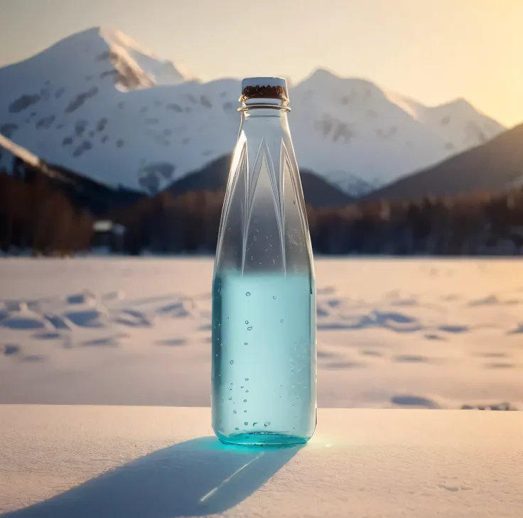 On snowy hills with a lake in the background, a glass beer bottle, beautiful!! , cold but beautiful, made of ice, cold snow, beautiful wallpaper, beautiful nature, snow frost attached to the bottle --auto --s2