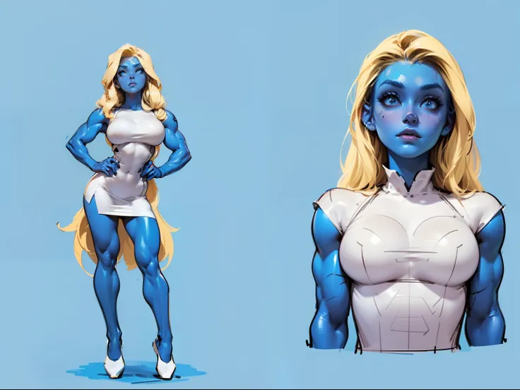 ((masterpiece)),(((best quality))),((character design sheet)), ((full body view)) illustration,1girl, muscular The Smurfs in background, ((blue skin:1.2)), Smurfette, light blonde hair, white dress ((detailed face:1.4)) blue woman, shiny skin, scribbles an...