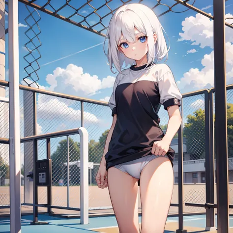 A girl,White hair,eBlue eyes,,(()),Medium hair,gym uniform,On the playground，（hair on one eye）,face expressionless，flatchest，Face only，thin