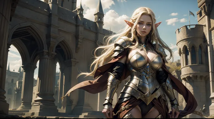 Female elf，Large breasts，Gorgeous armor，dramatics，dynamicposes，The background is the castle