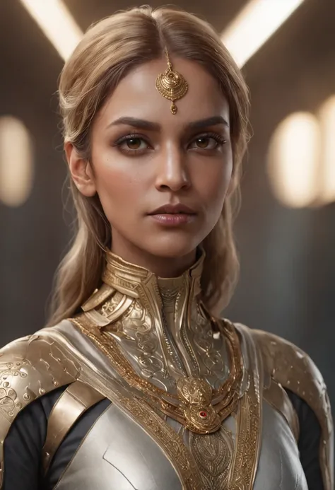 futuristic portrait of a female Indian doctor with golden hair, symmetry, depth of field, intricate, elegant, highly detailed, digital painting, art station, concept art, smooth, sharp focus, illustration, as imagined by Greg Rutkowski and borris vallejo