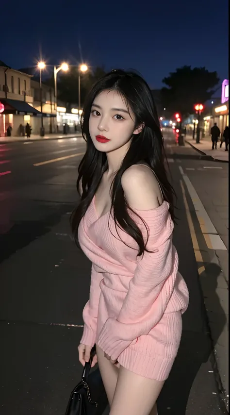 facing at camera，face to the viewer，standing on your feet，High picture quality，Works of masters，Kizi，Black hair，Long hair shawl，Long hair flowing over the shoulders，cropped shoulders，鎖骨，exquisite face，Hydrated red lips，Pink dress，Hosiery，Expose calves，鎖骨，f...