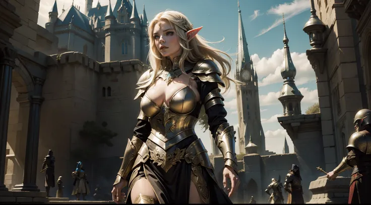 Female elf，Large breasts，Gorgeous armor，dramatics，dynamicposes，The background is the castle