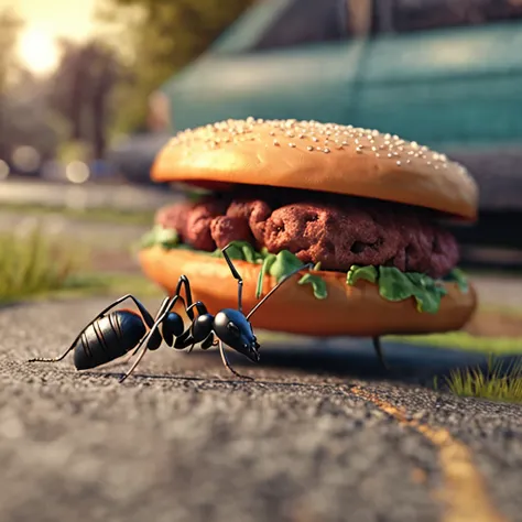 Ants carrying a burger down the road，There is a burger on the road，Ants walking on the road，magic hour，Photorealistic rendering，The is very detailed，tmasterpiece，Miniatures