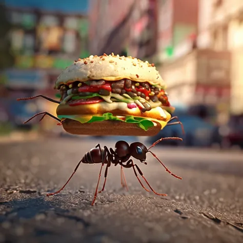 Ants carrying a burger down the road，There is a burger on the road，Ants walking on the road，magic hour，Photorealistic rendering，The is very detailed，tmasterpiece，Miniatures