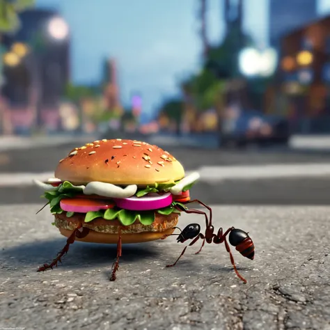 Ants carrying a burger down the road，There is a burger on the road，Ants walking on the road，magic hour，Photorealistic rendering，The is very detailed，tmasterpiece，Miniatures