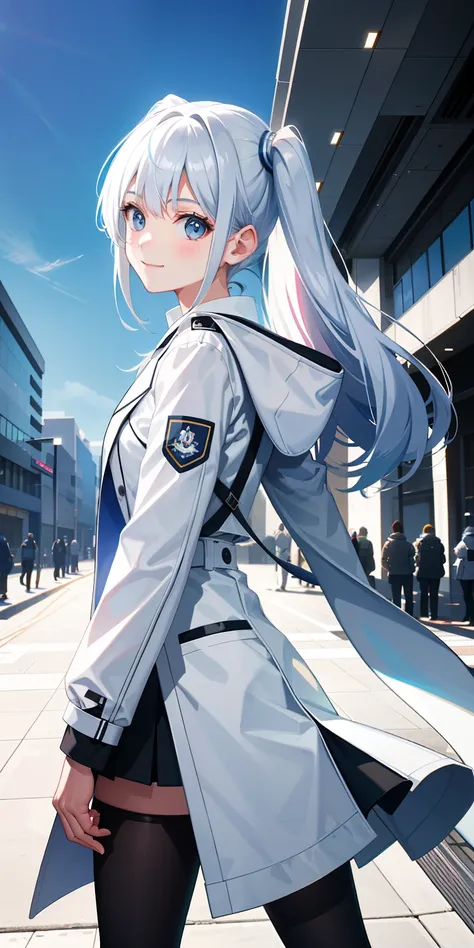 teens girl，Wearing a high-tech white coat,Turn your head to look at us，A reassuring smile on his face， sidelighting,The background is a deserted city