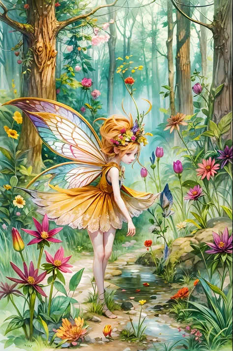 Generate a tale about a flower fairy residing within a vibrant, contemporary European watercolor-style forest, depicted in vivid and saturated hues. Explore the fairys adventures and connections with the diverse flora and fauna of the enchanting woodland.