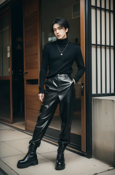 Portrait of a 25-year-old Japan man。Casual style for autumn and winter that brings out a modal personality。Hairstyle is short、It has a texture.。Hair color is black。Black Turtleneck Knit Top。Wide pants with plaid bottoms。Black leather boots on feet。Accented...