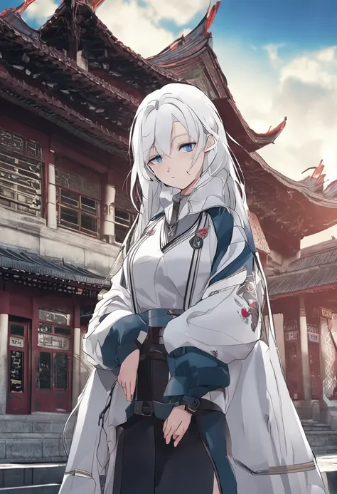 one-girl，Cold，goth style，White hair，blue colored eyes，which stands on the street，Chinese architecture，White hair, ssmile, libraryai, kosmos, anime big breast, Ray tracing, shadowing, Vignetting, hyper HD, Masterpiece, Best quality, 8K，blue color eyes，Retro...