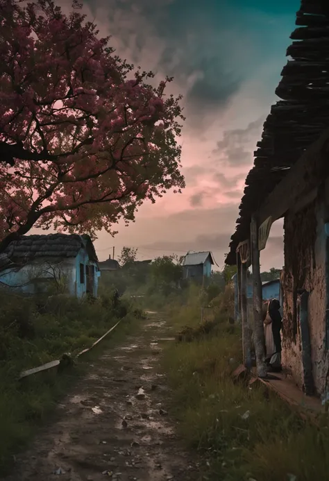 There is a woman on the path of the village, Thin stature, , taken with sony alpha 9, Taken in the early 90s of the 20th century, front poses, deep in the night