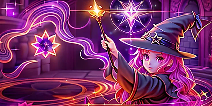 a witch with a wand and a star in her hand, casting spells, flirty anime witch casting magic, an arcane wizard casting a spell, ...