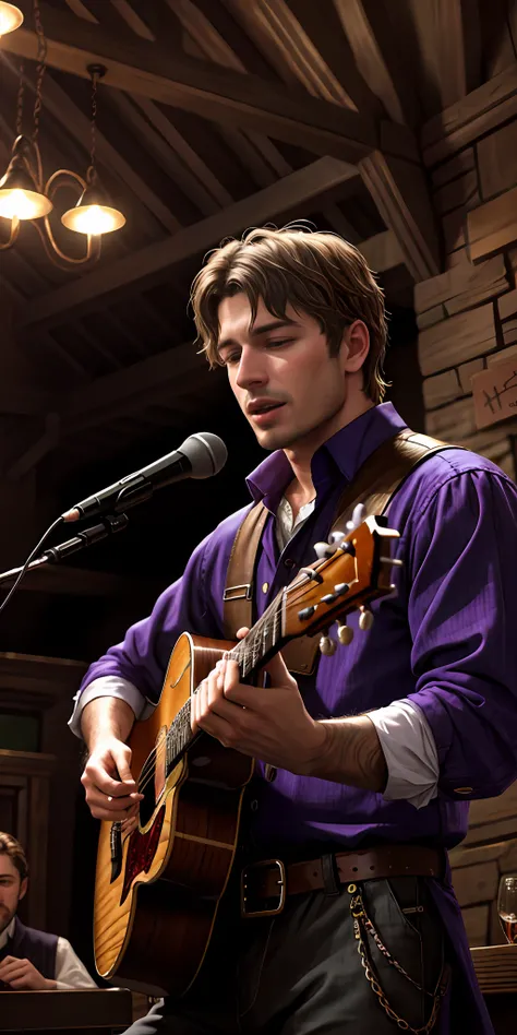 Generate a photorealistic image of a handsomely attired musician, adorned in medieval garments with selective purple tones, captivatingly performing in a rustic tavern setting. Illuminate the scene with natural light to evoke an authentic ambiance. Emphasi...