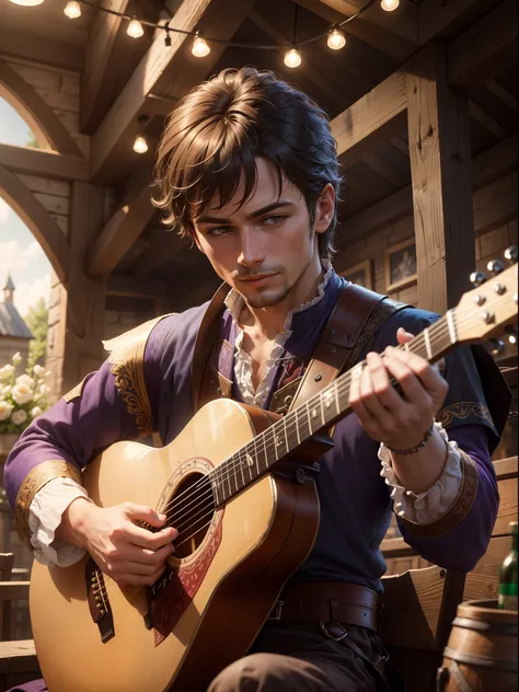 Generate a photorealistic image of a handsomely attired musician, adorned in medieval garments with selective purple tones, captivatingly performing in a rustic tavern setting. Illuminate the scene with natural light to evoke an authentic ambiance. Emphasi...