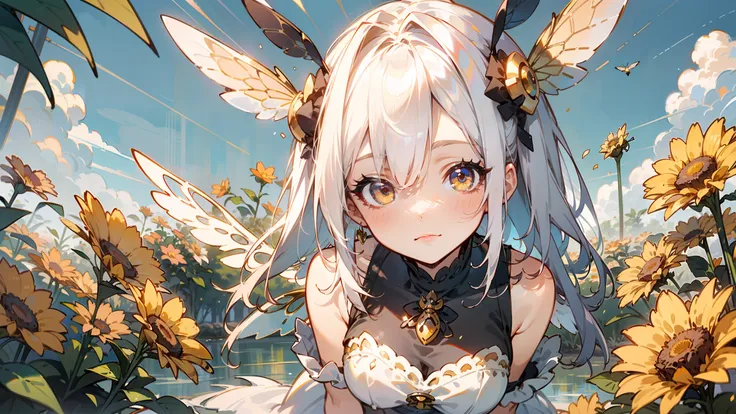 illustration，exquisitedetails，Look up，Anthropomorphic bee girl，Shoulder-length white hair，Golden eyes，Timid eyes，microcosmic，Hide among the flowers，on focus，dingdall effect，suns，Blue sky，White Lolita，Translucent wings