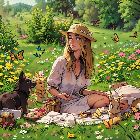 woman, age 30, milf, having a picnic in a picturesque meadow, surrounded by flowers, butterflies, and the gentle company of wood...