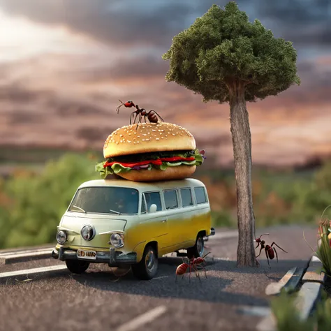 Ants carrying a burger down the road，There is a burger on the road，Ants walking on the road，magic hour，Photorealistic rendering，The is very detailed，tmasterpiece，Miniatures