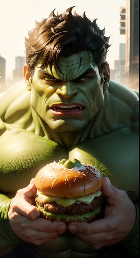 "Hulk savoring a delectable handburger, depicted in a lifelike and immersive frontal perspective."