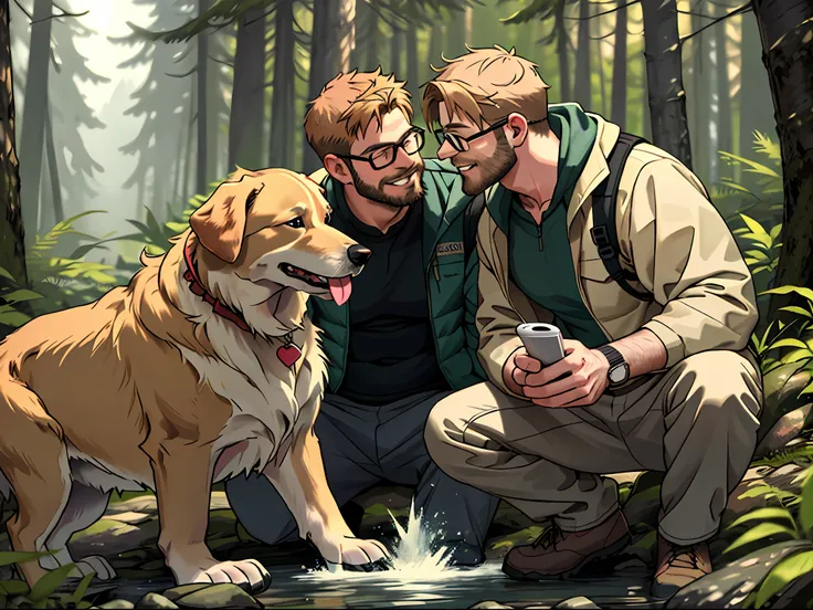 a man with a beard and a golden retriever dog, hiking clothes, wearing glasses, in the forest, the dog licking the man's face, t...