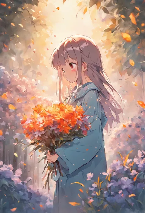 Little girl holding flowers，Meticulous painting style，Soft and fresh colors，Gentle lighting effects，Picturesque picture quality，Warm atmosphere