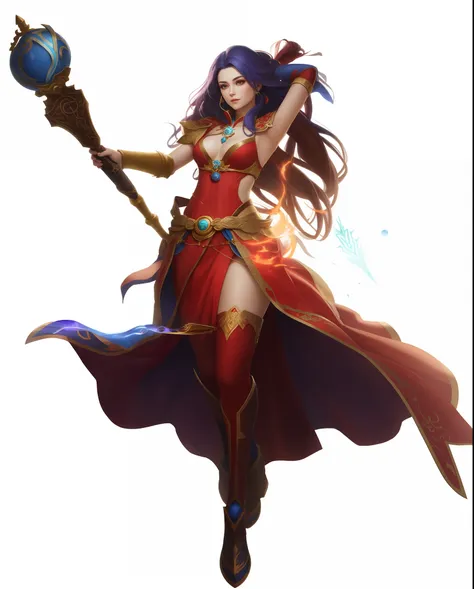 A woman in a red dress holds a wand and a blue ball, female mage, epic mage girl character, female mage!, beautiful sorceress female, full-body xianxia, Female wizard, firemage, full portrait of elementalist, Mago da Terra Feminino, sorceress woman, fantas...