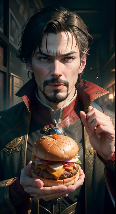 "Doctor strange savoring a delectable handburger, depicted in a lifelike and immersive frontal perspective."