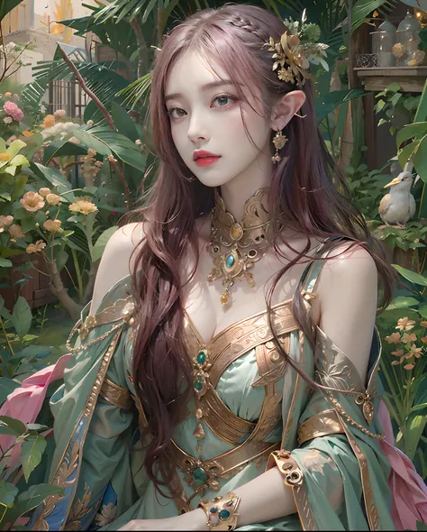 Official art、elvish、The background is an ancient forest temple、You can see many mysterious landscapes surrounded by many animals.、With two beautiful women in robes with open chests、The costumes of the two are contrasting、PerfectNwsjMajic,(​masterpiece、top-...