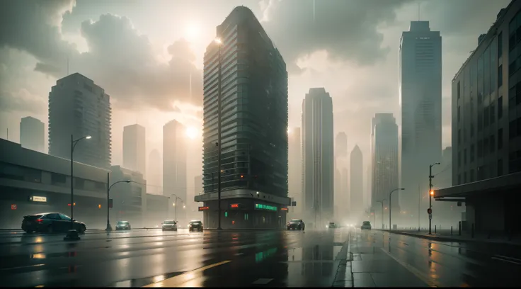 (masterpiece, top quality, 8k, ultra detailed, god rays, ray traced), ((gloomy, post apocalyptic, ghost city)), ((bright sun, rain shower)). ((no cars, no humans)), foggy, (vines growing on buildings), (broken traffic lights), ((cinematic)), cinematic ligh...