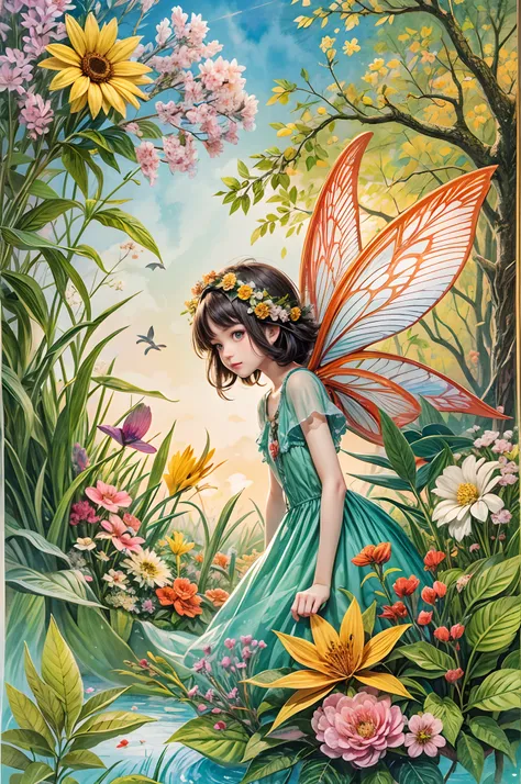 Generate a tale about a flower fairy residing within a vibrant, contemporary European watercolor-style forest, depicted in vivid and saturated hues. Explore the fairys adventures and connections with the diverse flora and fauna of the enchanting woodland.