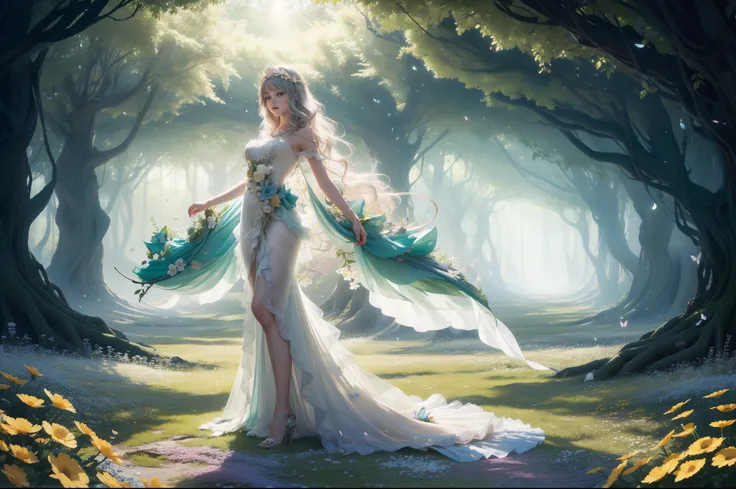 A young fairy in vortex of falling flowers and leaves. Butterfly like Wings. She wears a multilayered ruffled dress in light yellow transparent fabric with silver and aquamarine embellishments. Long messy wavy hair in dark colour, flower tiara. She is emer...