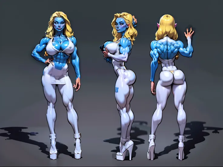 ((masterpiece)),(((best quality))),((character design sheet)), ((full body view)) illustration,1girl, muscular The Smurfs in background, ((blue skin:1.2)), Smurfette, light blonde hair, white dress ((detailed face:1.4)) blue woman, shiny skin, scribbles an...