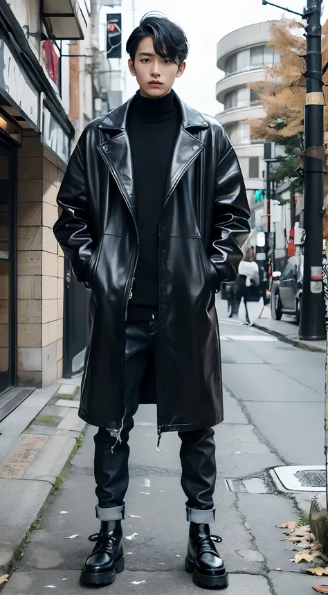 Portrait of 20 year old Japan man in autumn mode casual style/Winters. Wearing a black oversized coat by Comme des Garçons, Skinny Jeans, and black leather boots. The appearance is avant-garde and chic. Fall Mode Casual Hairstyles/Winters. long to, Wavy lo...