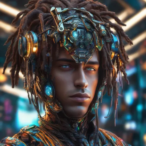 Masterpiece, Best Quality, upper-body, Close-up of a fantastical-looking young cyborg guy wearing a fantastic dreadlocks cyber helmet, neon inserts made of glass and metal, In a glossy color with elegant details, HDR, Ray Tracing, Rich details of light and...