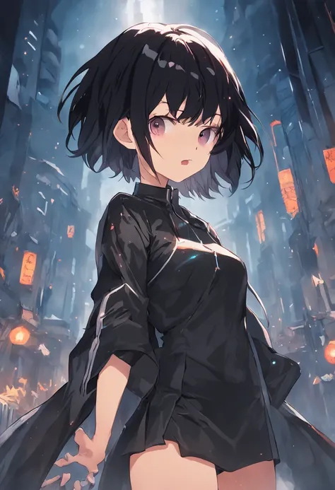 Short black hair，耳Nipple Ring，1girll，dynamic angle，tightsuit，Slits，short  skirt，ssmile，In the ruins，(Hands behind your back)，Stand on forked legs