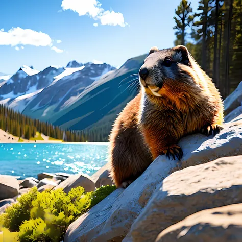 A cute fluffy marmot sunbathing on a pile of rocks，Labels for marmots screaming，forest backgrou，Turquoise glacial lake in the distance，Clear river，clear blue skies，highly  detailed，prime time，natural soft light，rendering by octane，unreal-engine，