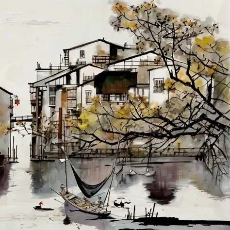 Painting of a boat in the river，The background is the building, Inspired by Wu Guanzhong, Chinese watercolor style, author：Wu Guanzhong, Chinese painting style, author：Dong Qichang, Ink painting ) ) ) ), Modern European ink painting, Chinese ink painting, ...