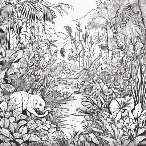 Charming garden coloring page full of flowers, Black and white exotic plants and magical elements，Rainforest animals，a plant