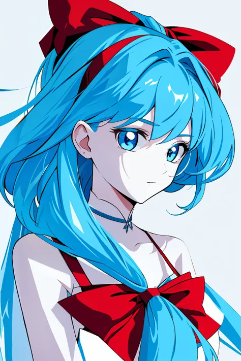 a 1girl, body complet, very detail, a lot of details, very extremely beautiful,  ((tmasterpiece, minimalism)), (hairlong, blue hair), blue eyes, red bow on the head, red bow in the hair, Very white skin