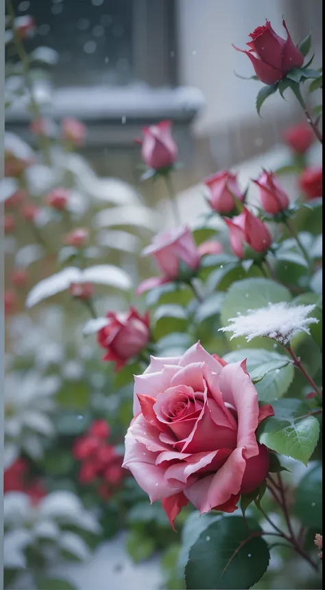 Red roses grow in the bushes, The leaves and petals were covered with dust and snowflakes,shot with a canon 35mm lens, photo of a rose, taken with a pentax k1000, Shot with Pentax 1000, Two 5mm ports, Photographed in Kodak Portera, rose twining, Red rose, ...