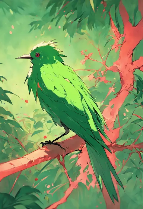 green bird perched on a branch with pink paper, in the style of hyperrealistic illustrations, grandeur of scale, junglecore, red and green, historical illustrations, elongated forms, flamboyant