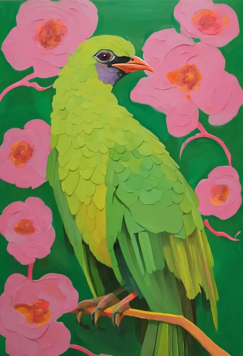 green bird perched on a branch with pink paper, in the style of hyperrealistic illustrations, grandeur of scale, junglecore, red and green, historical illustrations, elongated forms, flamboyant