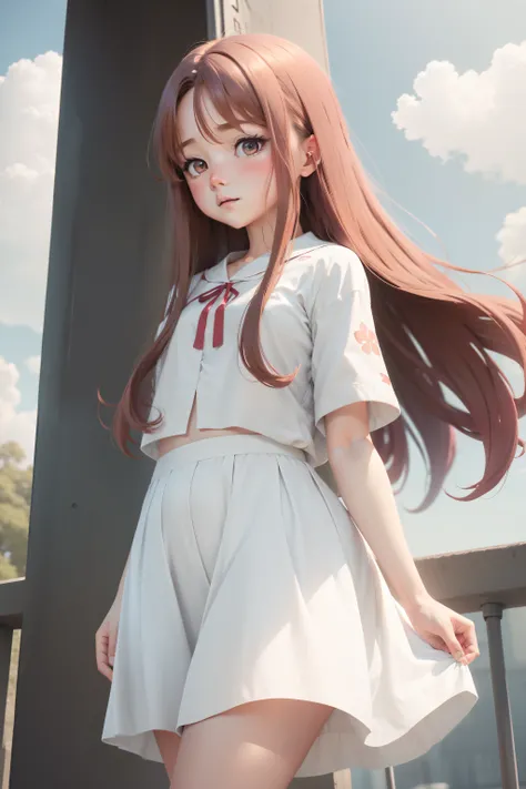 wearing a white skirt，Cover the hem of your skirt with your hands，cheeks slightly red，Long hair is gently blown by the wind，beautiful teenage girl，4K anime，8K anime