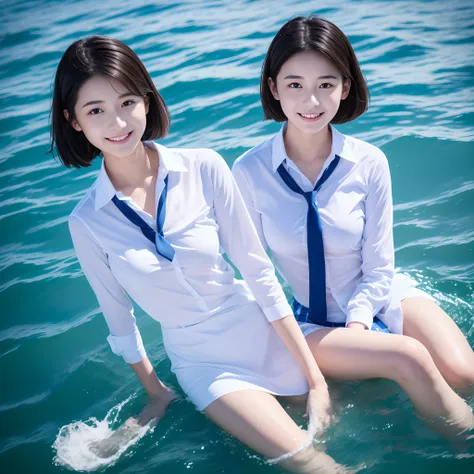 beautiful high school student wearing school uniform by the sea，super high value，extra very short hair，delicate hair，fair face a...